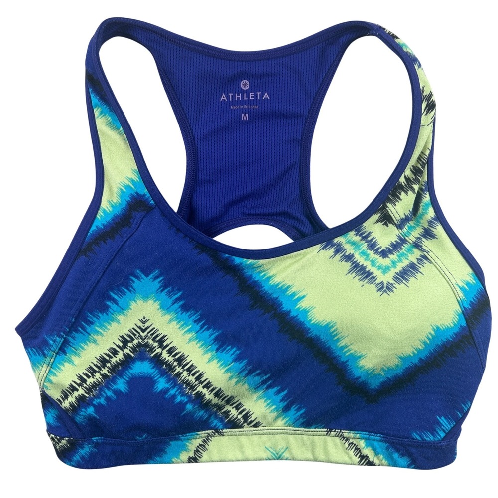 Athleta Double Dare Sports Bra Womens Medium Cactus Amalfi Tie-Dye Blue‎ Chevron
